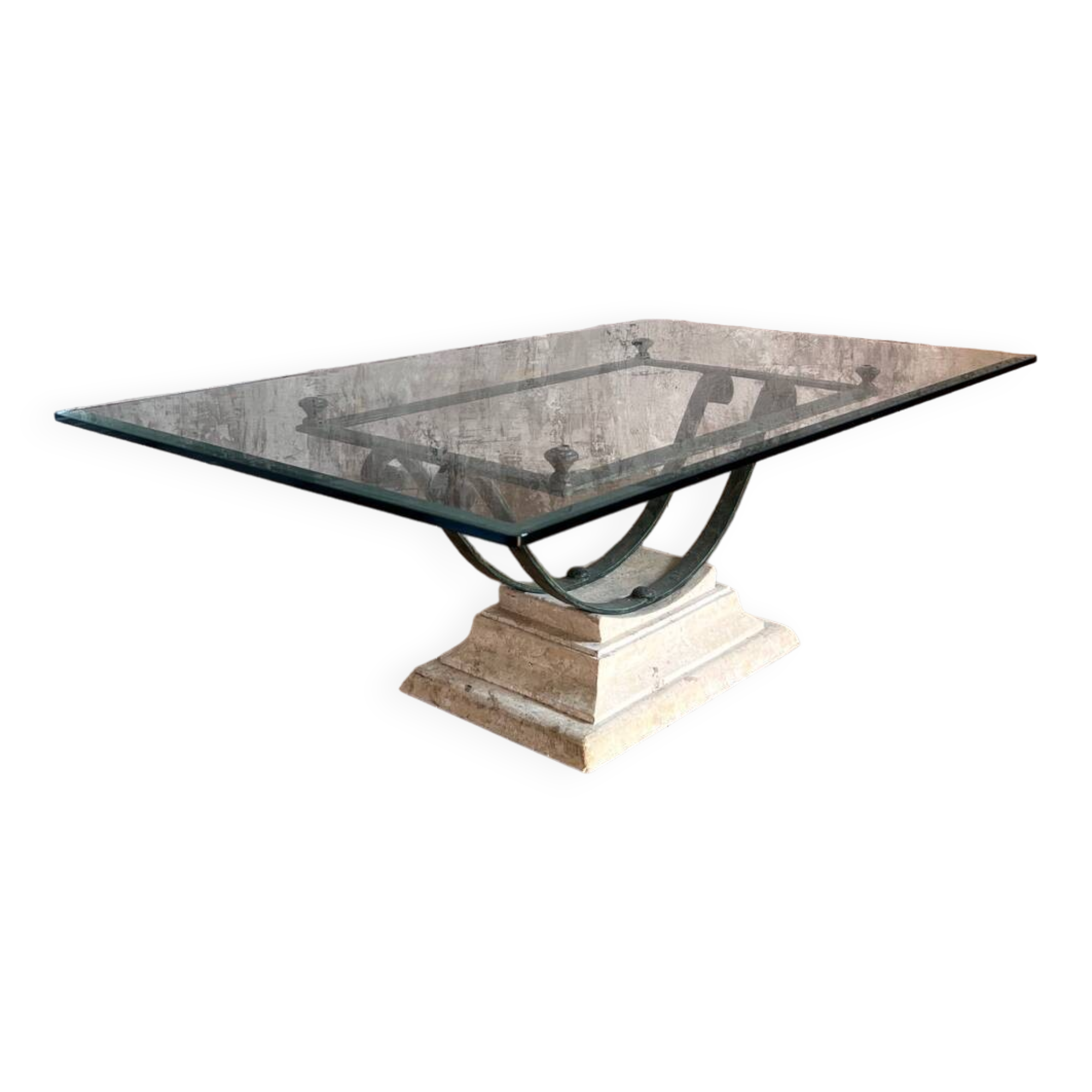 Table basse en verre et métal patine antique