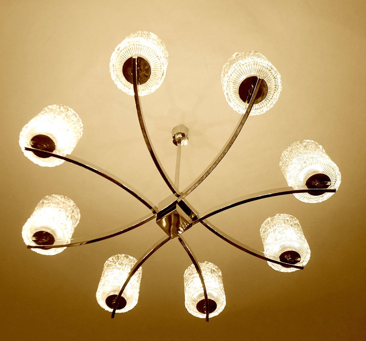 Large Vintage Architectonic  Chrome Glass Pendant Light
