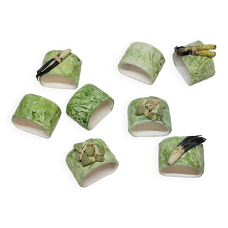 8 Ronds A Serviettes En Céramique Barbotine Verte Décor Végétal Légumes