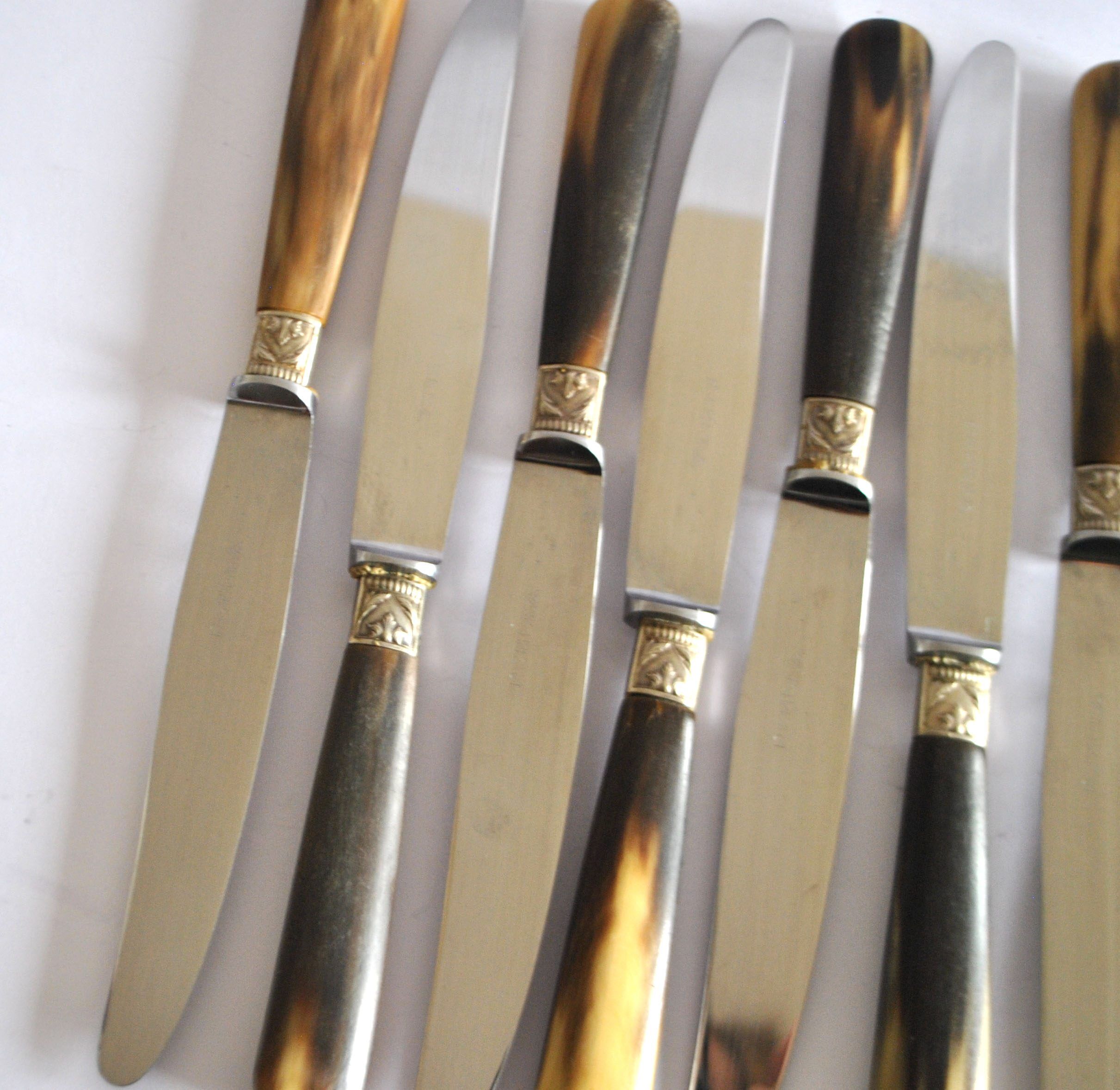 Set of 12 vintage table knives with horn handles and stainless steel blades RENEKA 24.5 cm