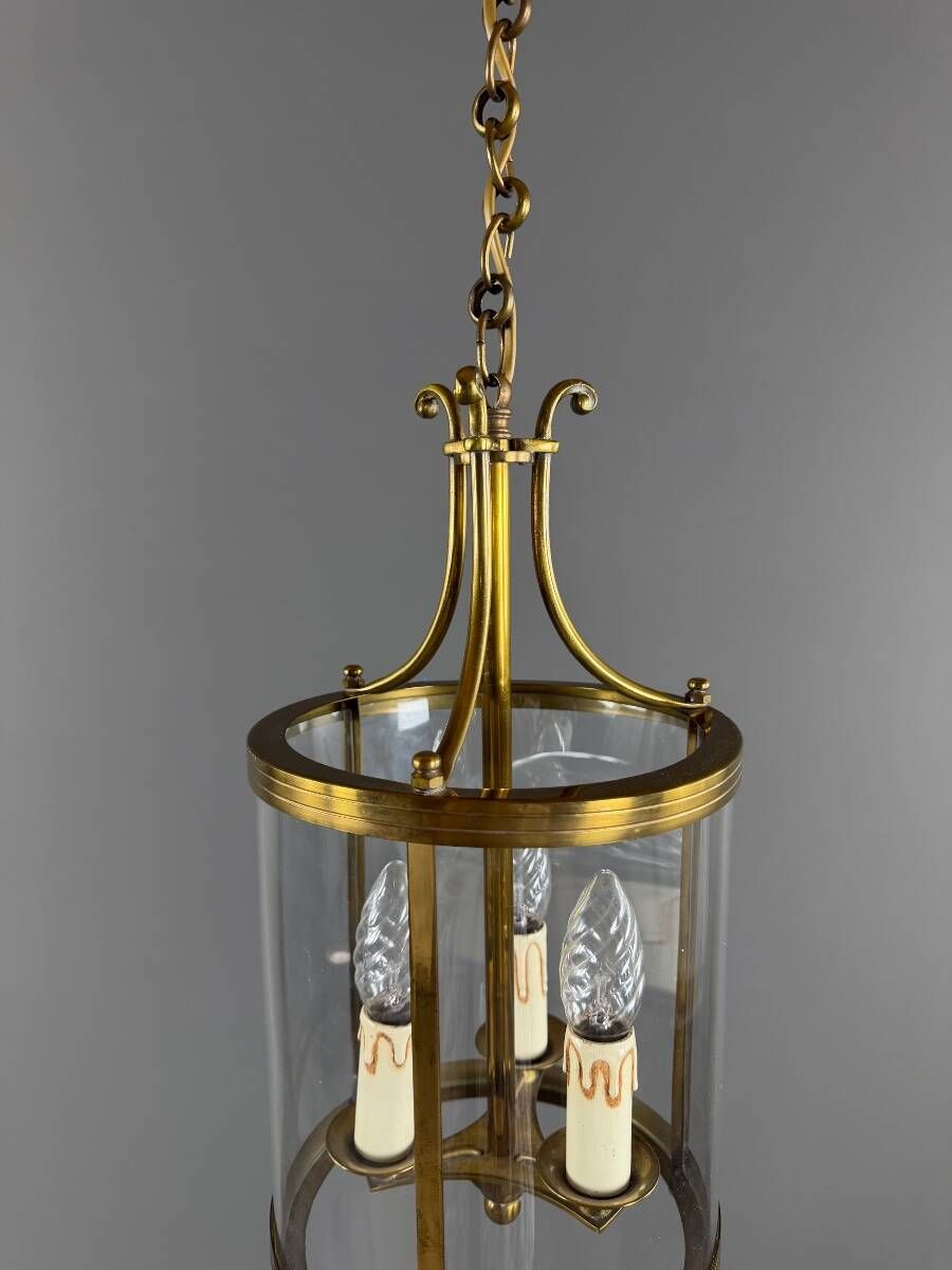 Cylindrical lantern in brass and glass, 20th century