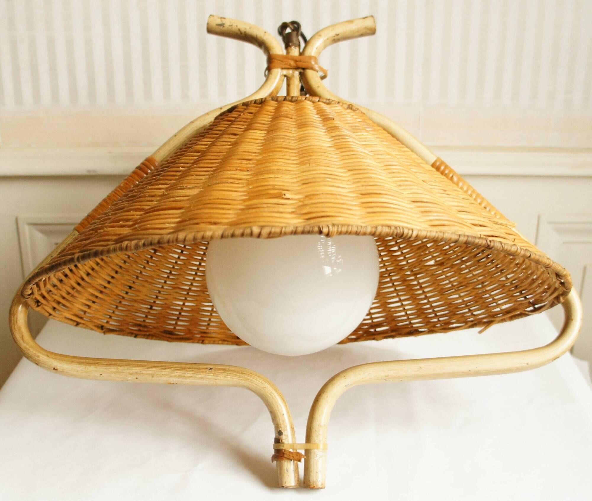 “French Riviera” rattan, metal & opaline pendant light, 1960