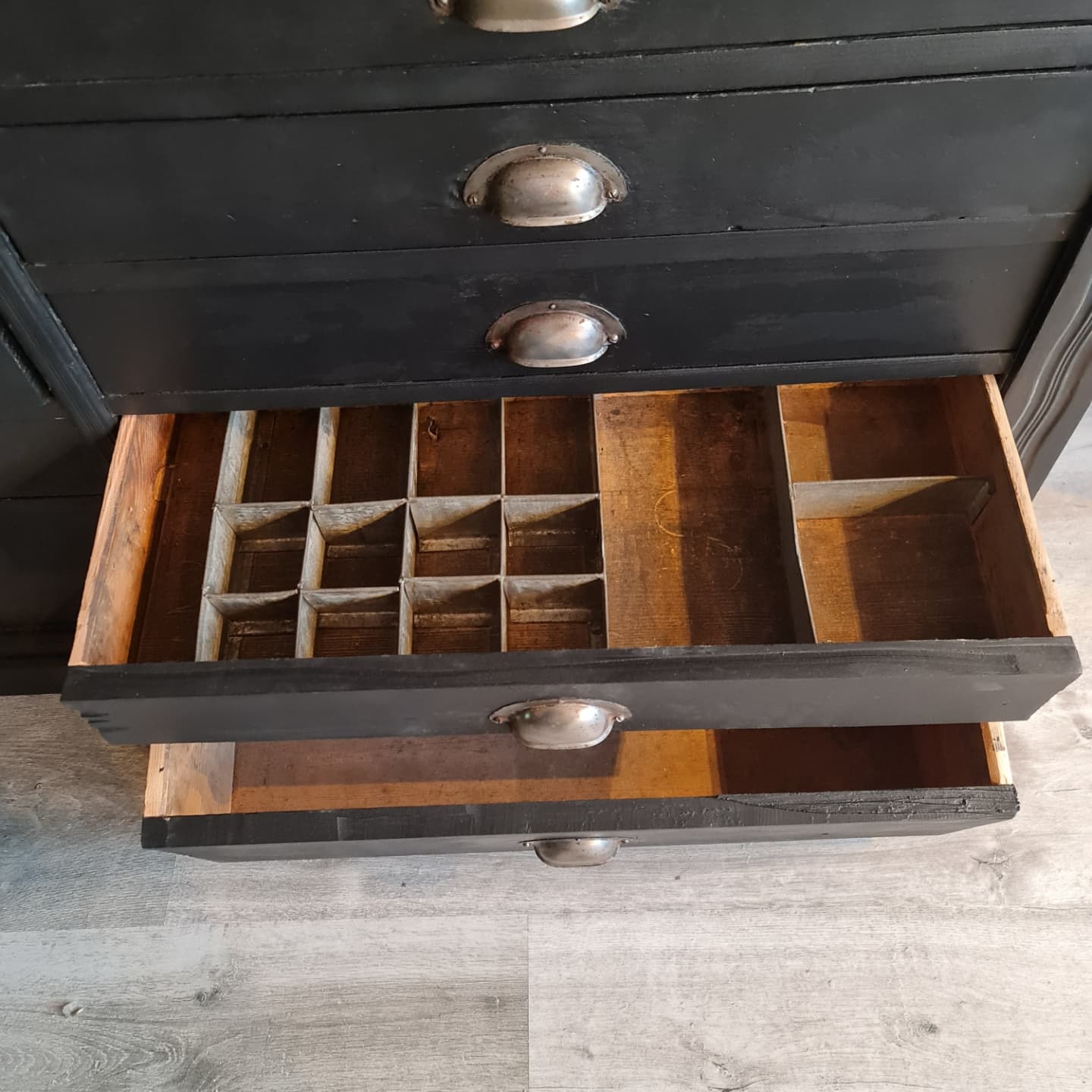 Industrial furniture loom shelf with drawers black patina