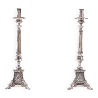 Bougeoirs d'église antiques plaqués argent, France, années 1850