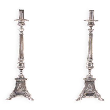 Bougeoirs d'église antiques plaqués argent, France, années 1850