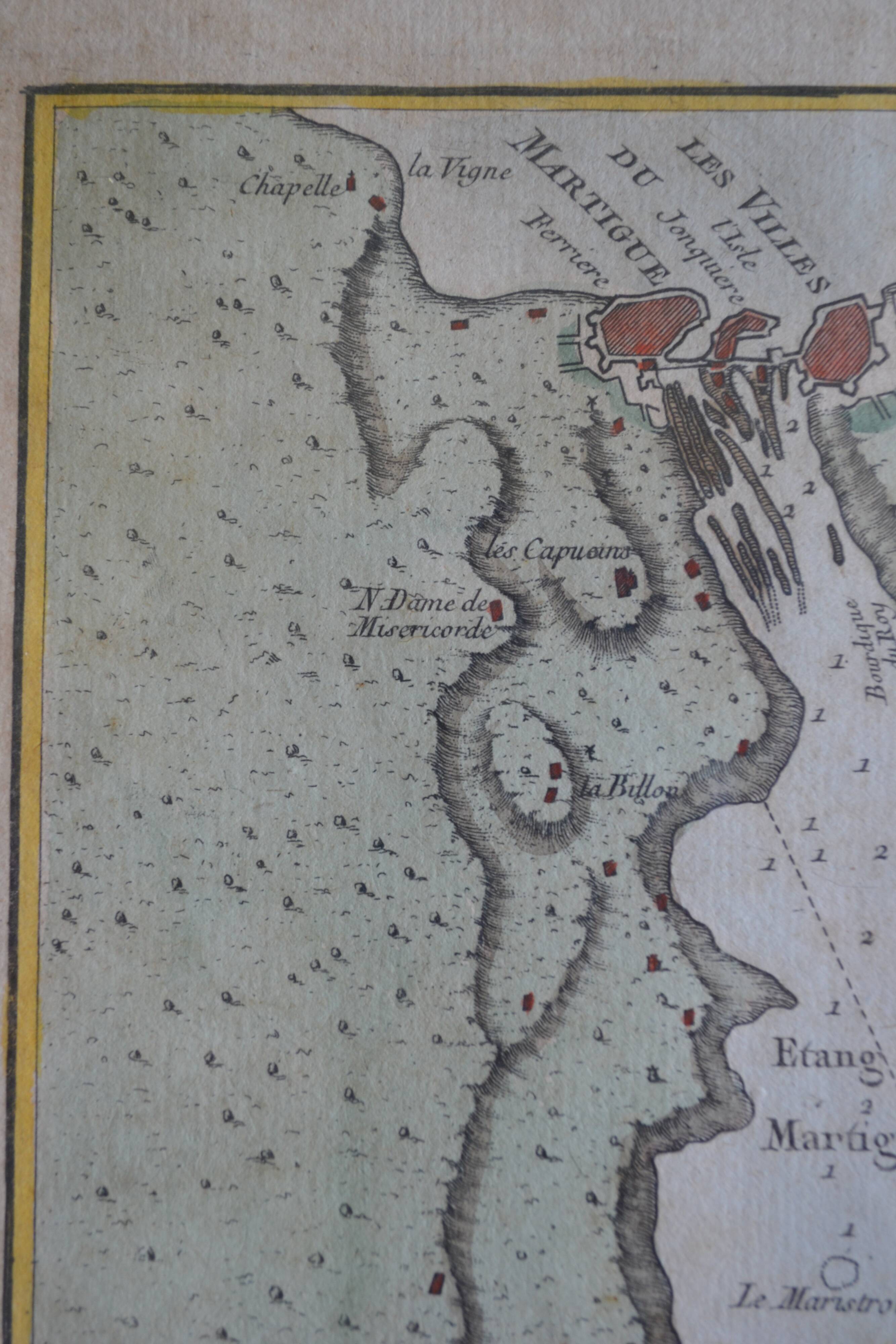 Martigues pond Old geographical map 18th century engraving 1764 by Bellin