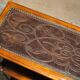 Theodore Alexander bookshelf shelf, solid wood, embossed leather.
