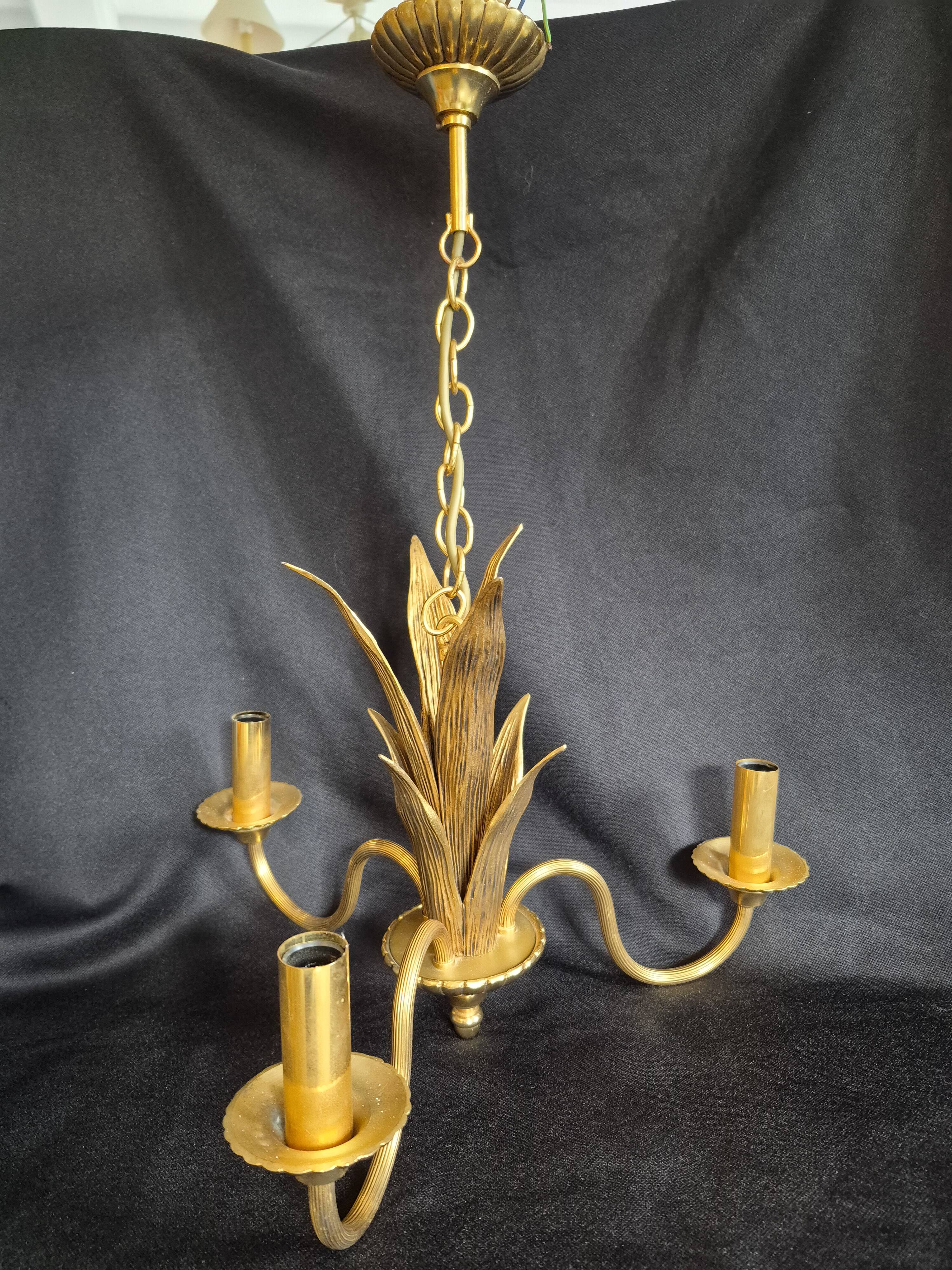 Hollywood Regency vintage gold palm chandelier 3 lights Hans Kögl style A666
