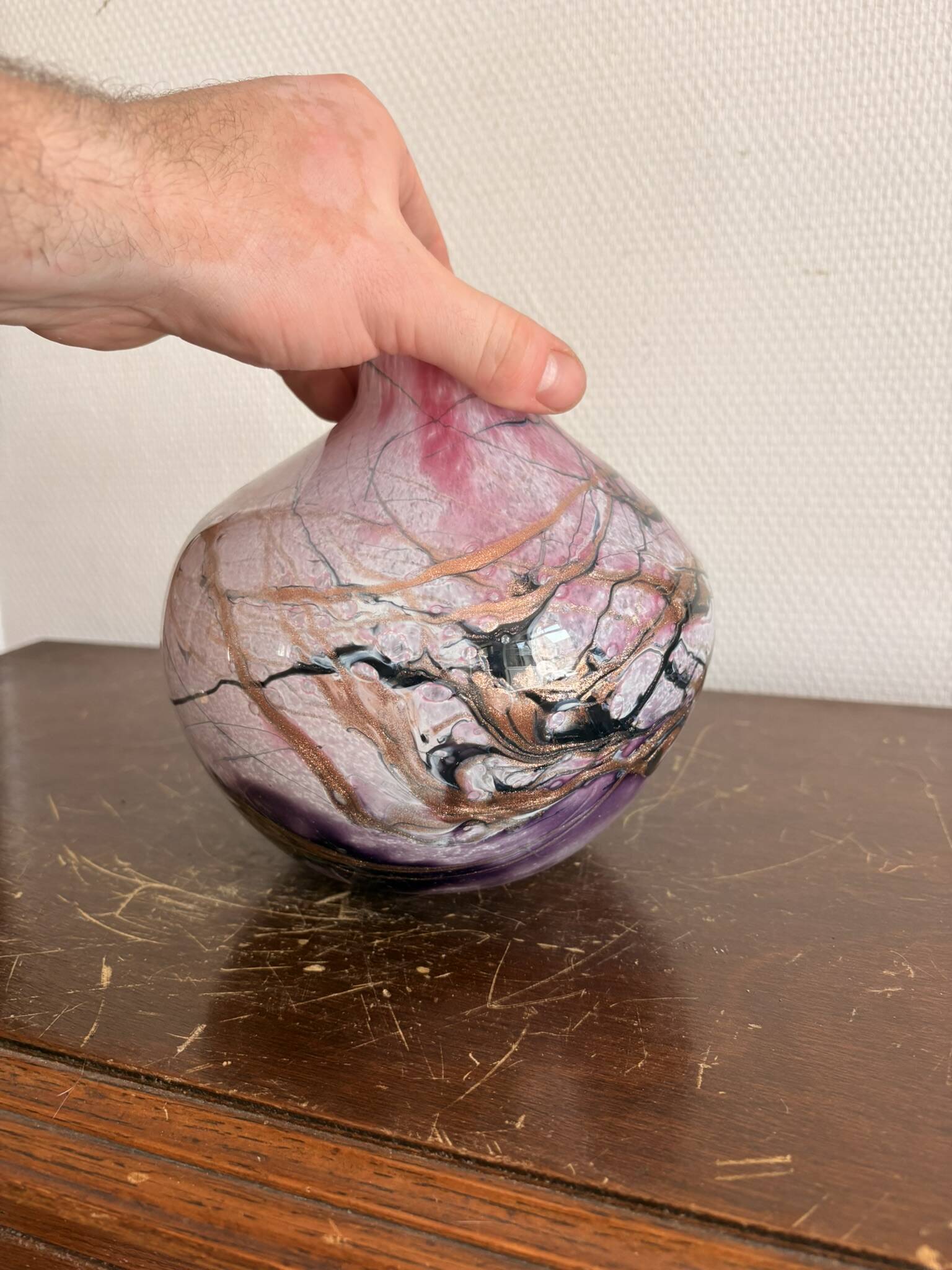 Michele Luzoro Round Vase Biot Glassworks Blown Glass Rose Gold Inclusion