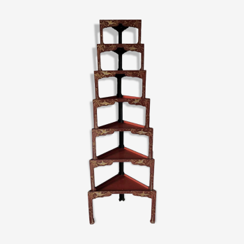 Etagère encoignure chine laque XXe decor oiseaux 7 modules