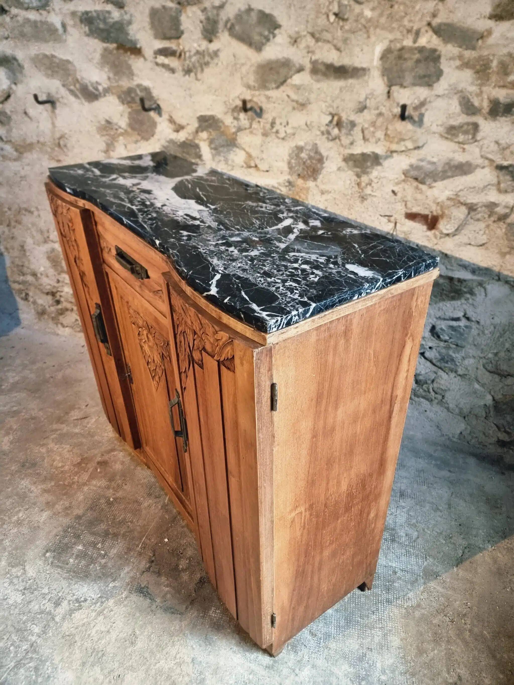 French Art Deco walnut sideboard with marble top, 1920s