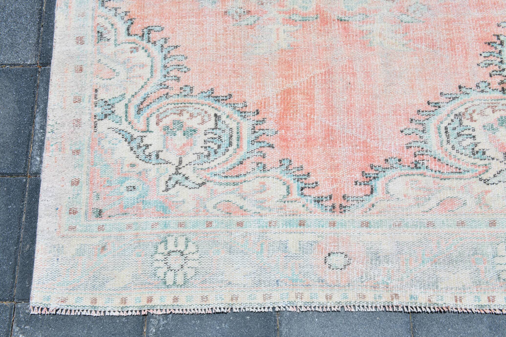 5x8 Turkish Vintage Oushak Rug, Coral Pink Area Rug For Bedroom, 147x241 Cm