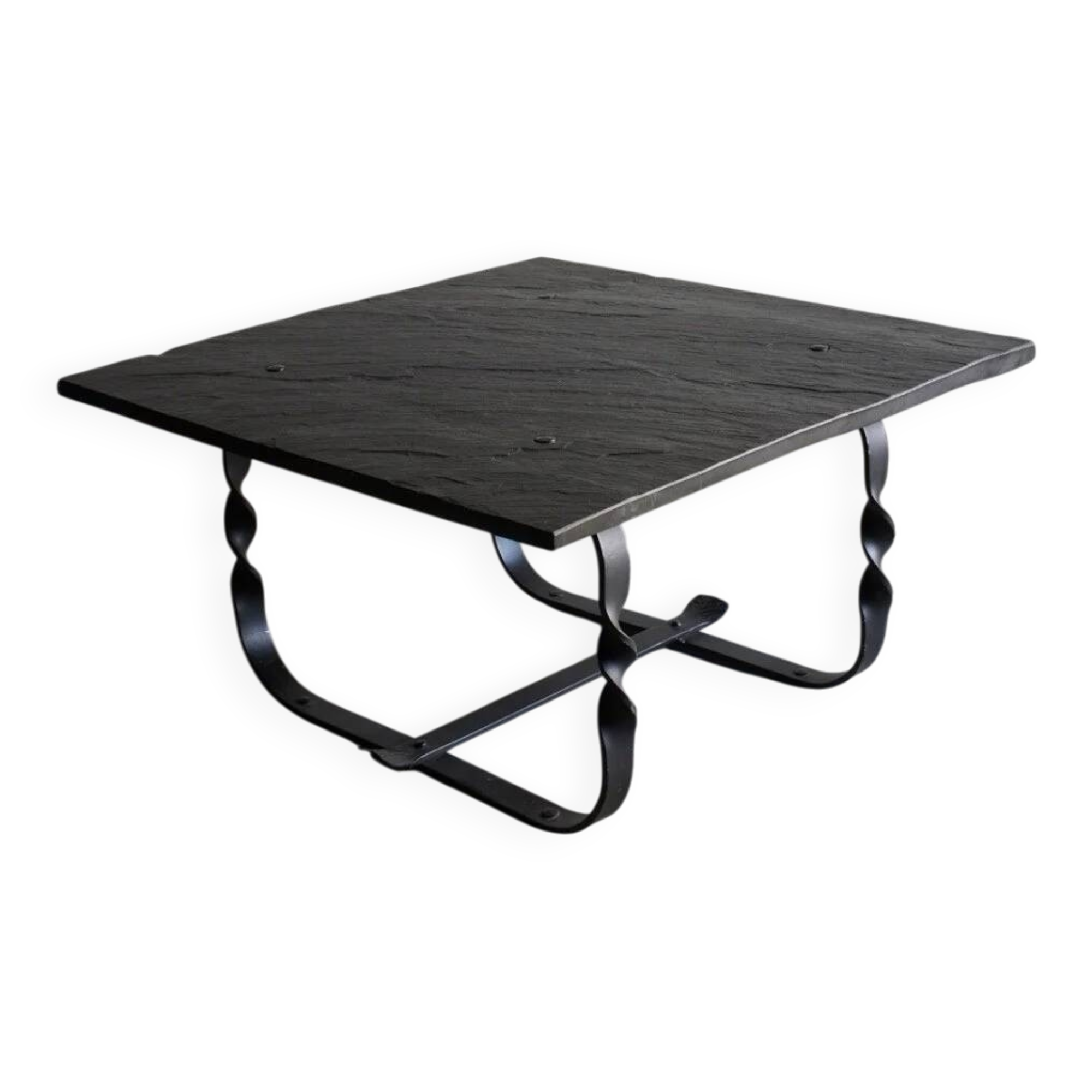 Table basse en métal forgé et pierre noire | Style brutaliste | France | Années 1970