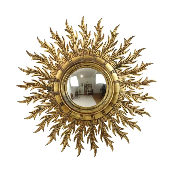 Grand miroir en bois rare en forme de soleil avec finition en feuille d'or XL 86 cm