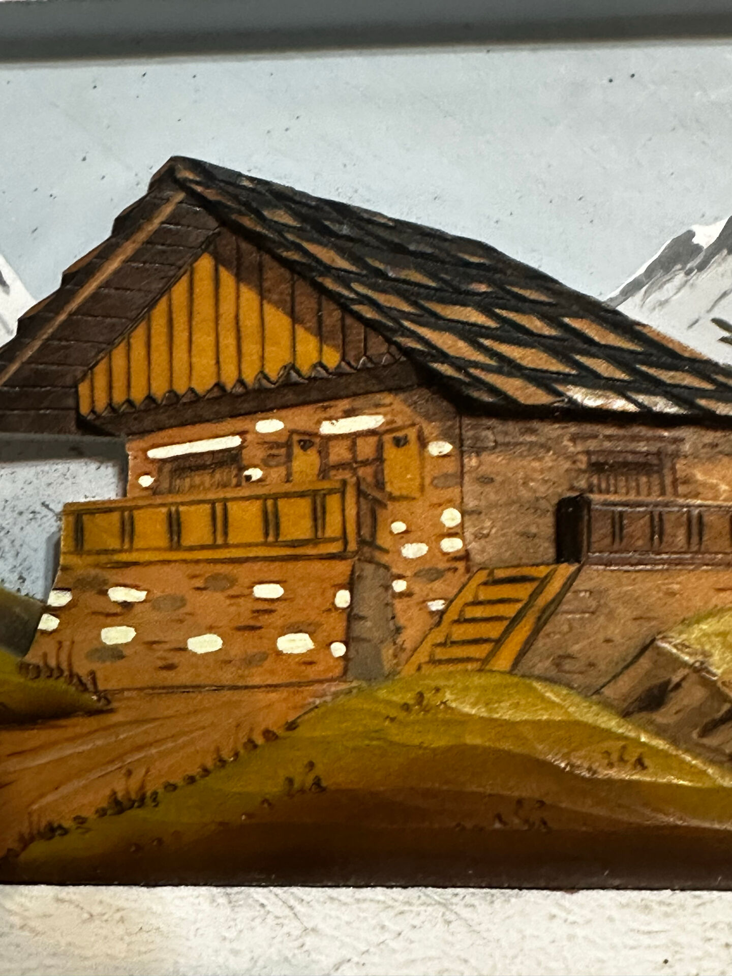 Carved and painted wooden Alpine panel signed 18 / 26 cm