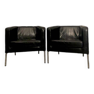 Pair of real black leather armchairs