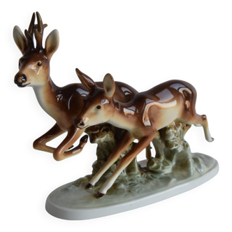 Vintage Porcelain Sculpture Roe Deer and Doe, by Royal Dux, 1960's.