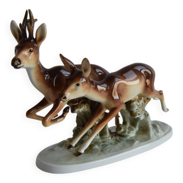 Vintage Porcelain Sculpture Roe Deer and Doe, by Royal Dux, 1960's.