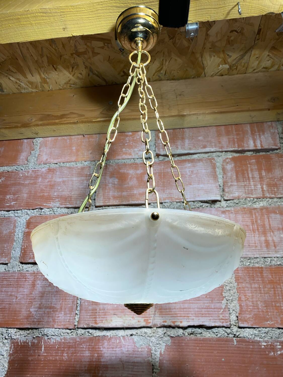 Antique Pendant Light Dome Molded Glass + Vintage Gold Metal