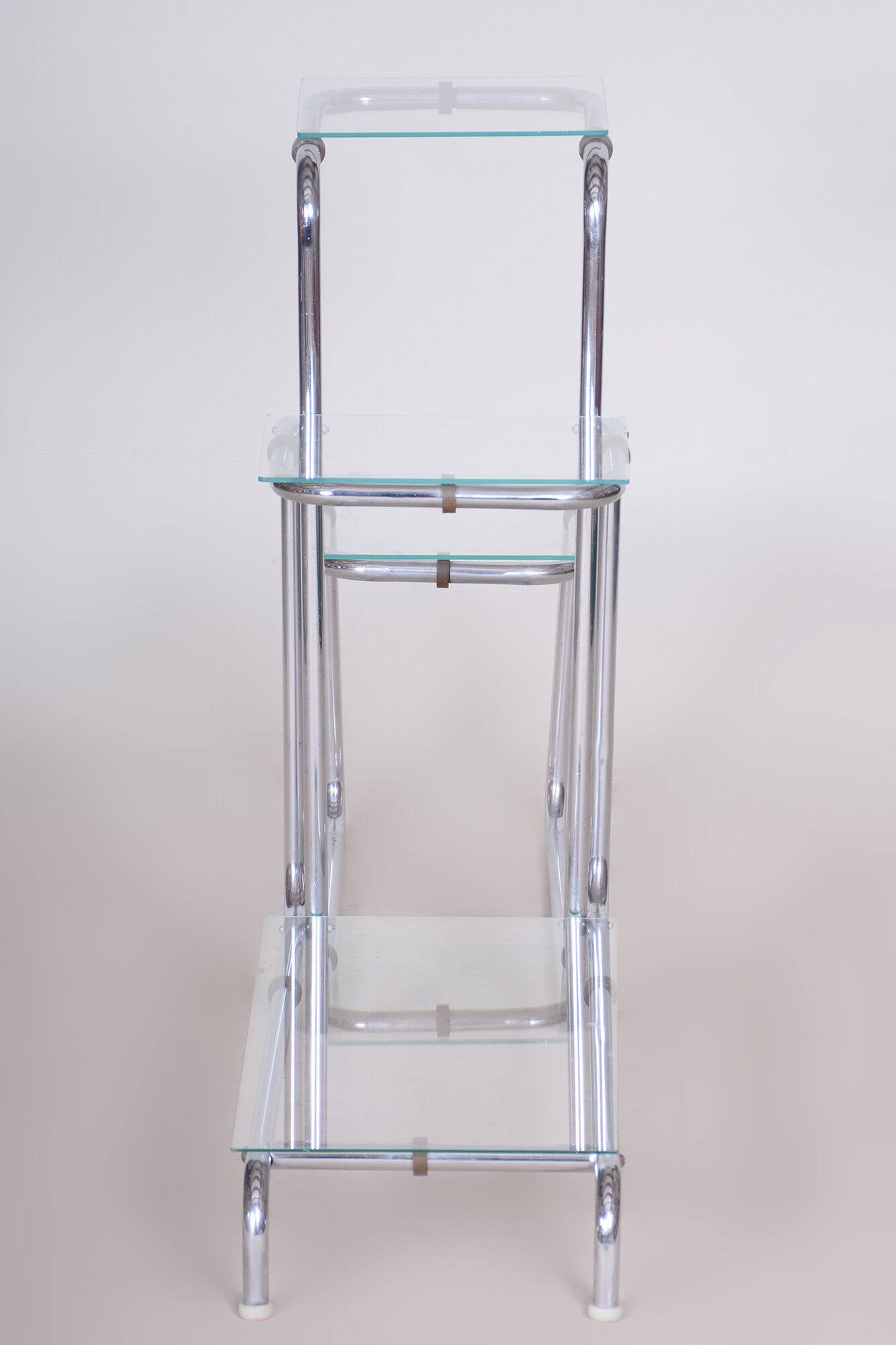 unusual bauhaus style chrome étagère, flower stand, glass, czechia, 1930s