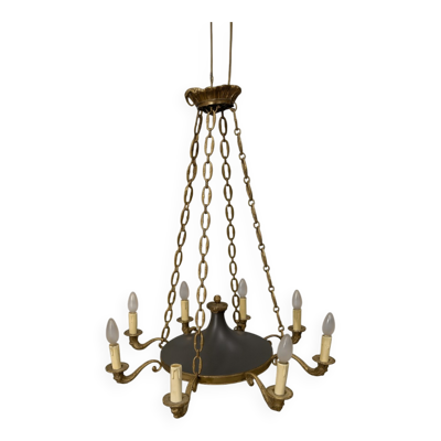 Grand lustre aux dauphins à 8 bras de lumières de style Empire en bronze
