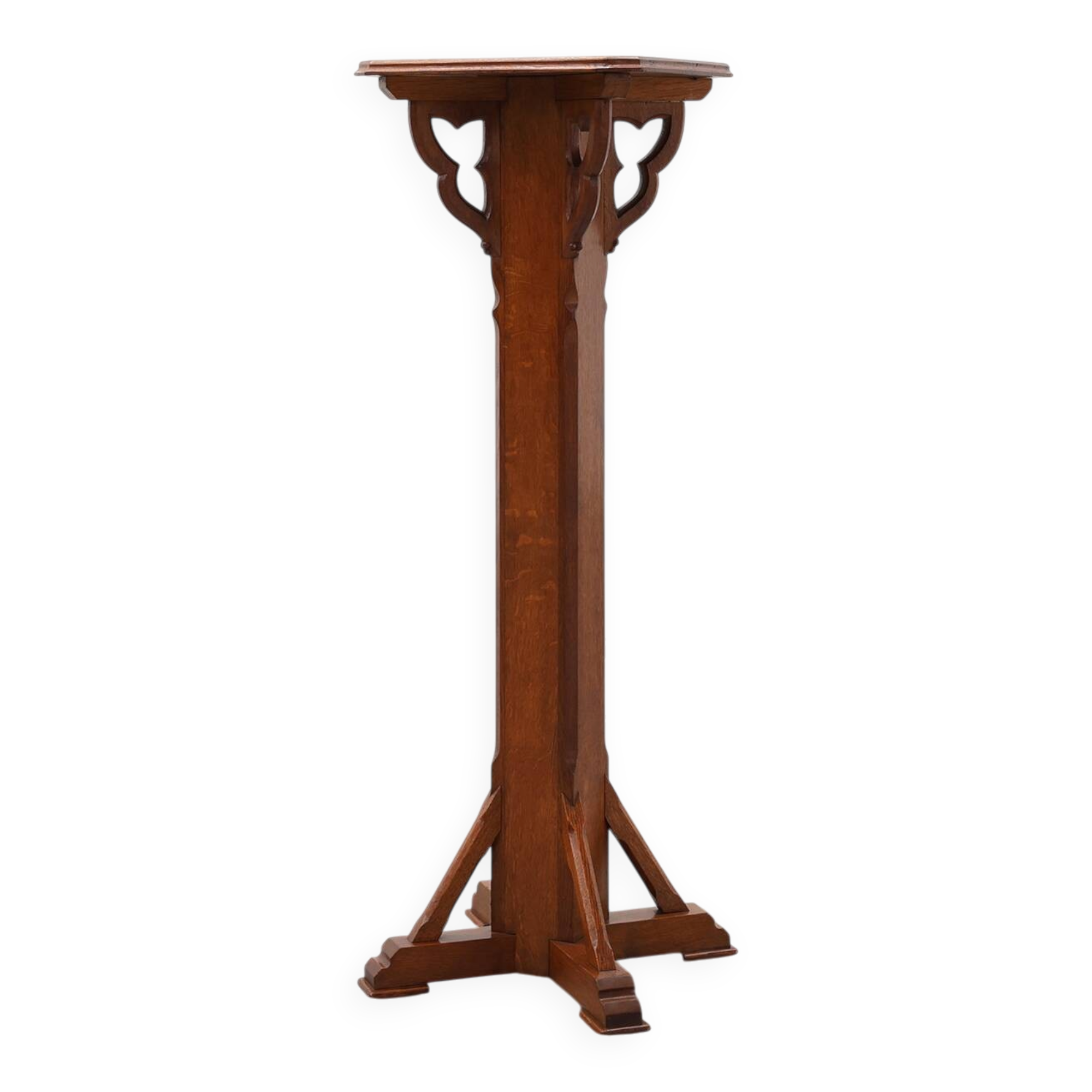 Art Deco oak pedestal with pierced brackets and cross base, Belgium 1920s
