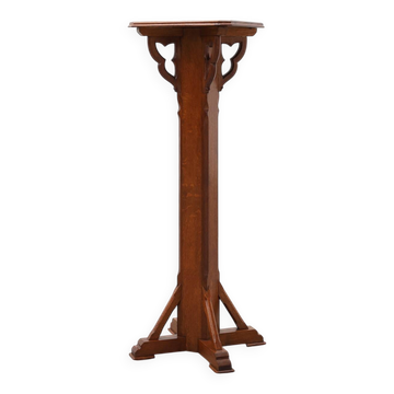 Art Deco oak pedestal with pierced brackets and cross base, Belgium 1920s