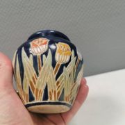 Small delicious blue ceramic vase with floral decoration. Sweden 1970s