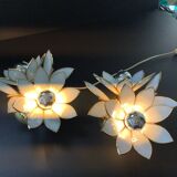 Pair of Hollywood Regency flower sconces in white glass and brass. Italy