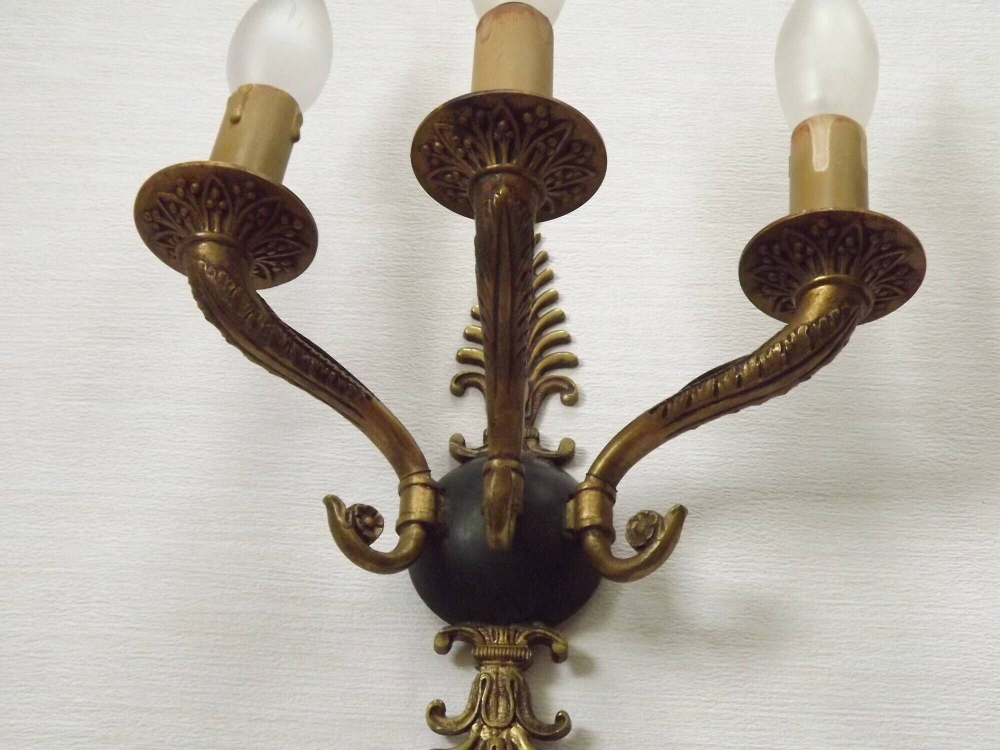 Set of 3 Bronze French Empire Style Triple Light Wall Sconces Neoclassical
