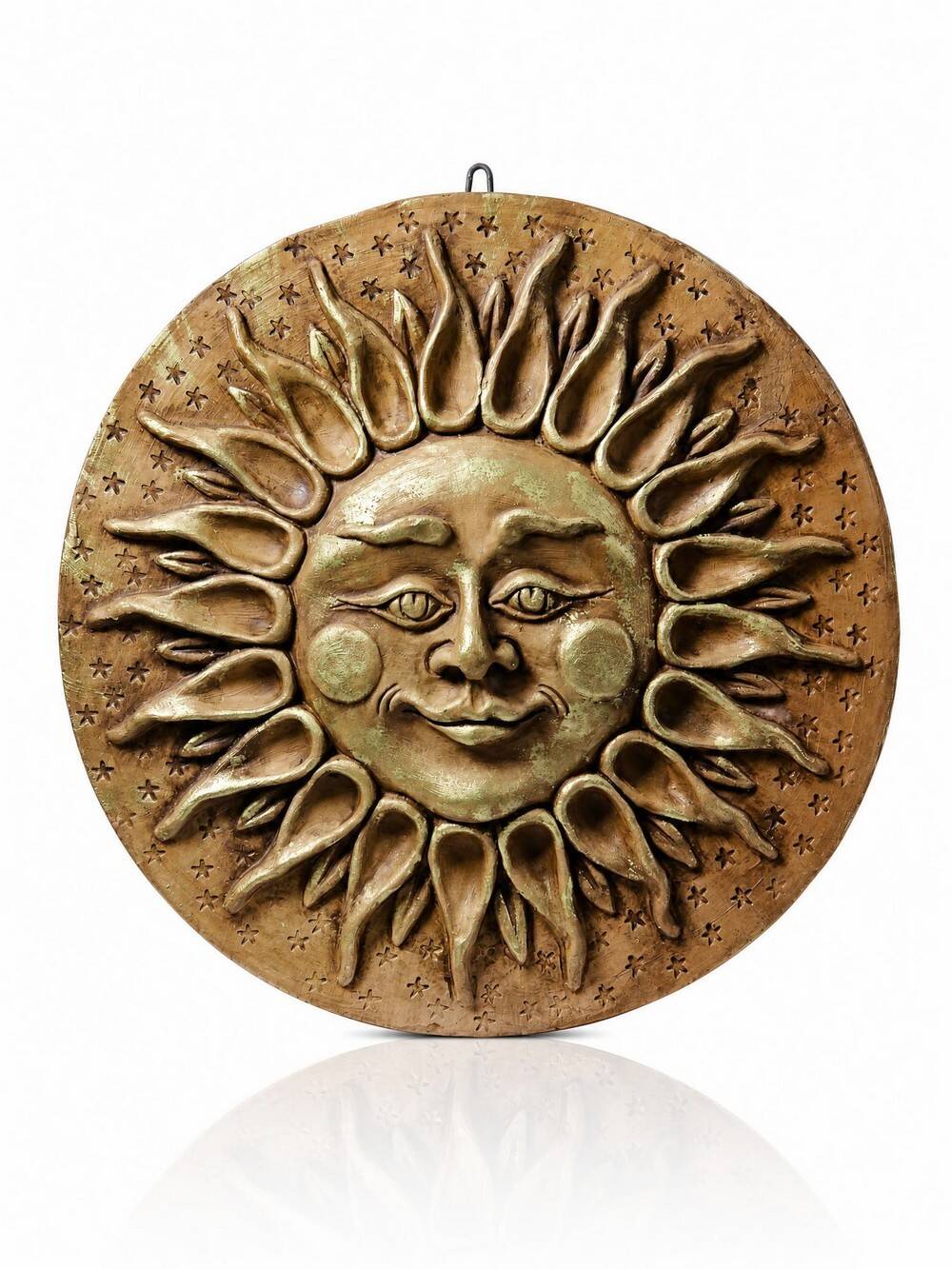 Anthropomorphic sun wall sculpture in patinated terracotta, vintage Italian craftsmanship.