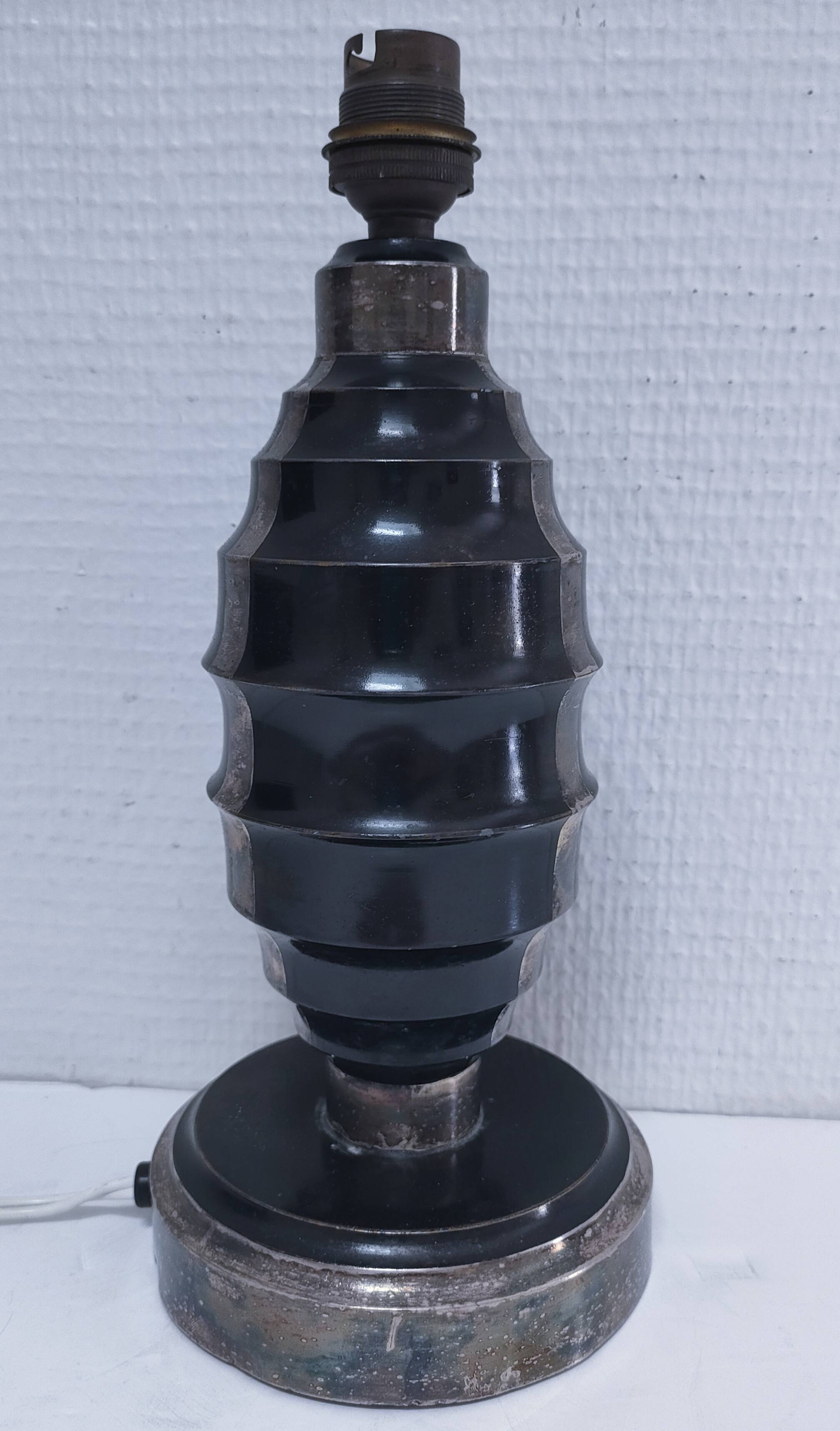 Art Deco metal lamp base with black and silver patina