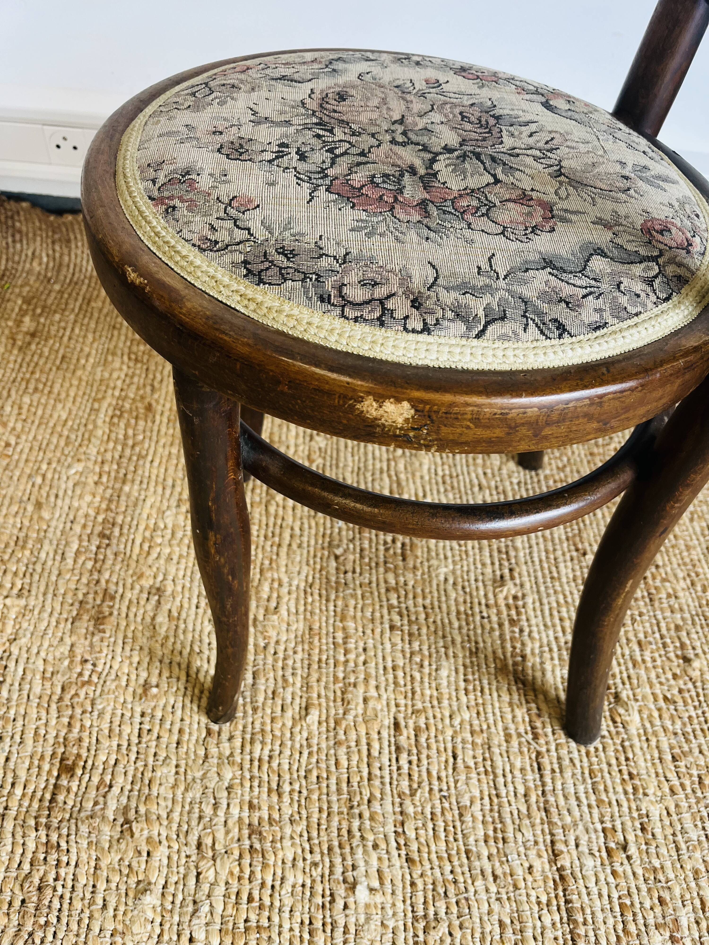 Pair of vintage bistro chairs – bentwood – floral upholstered seat