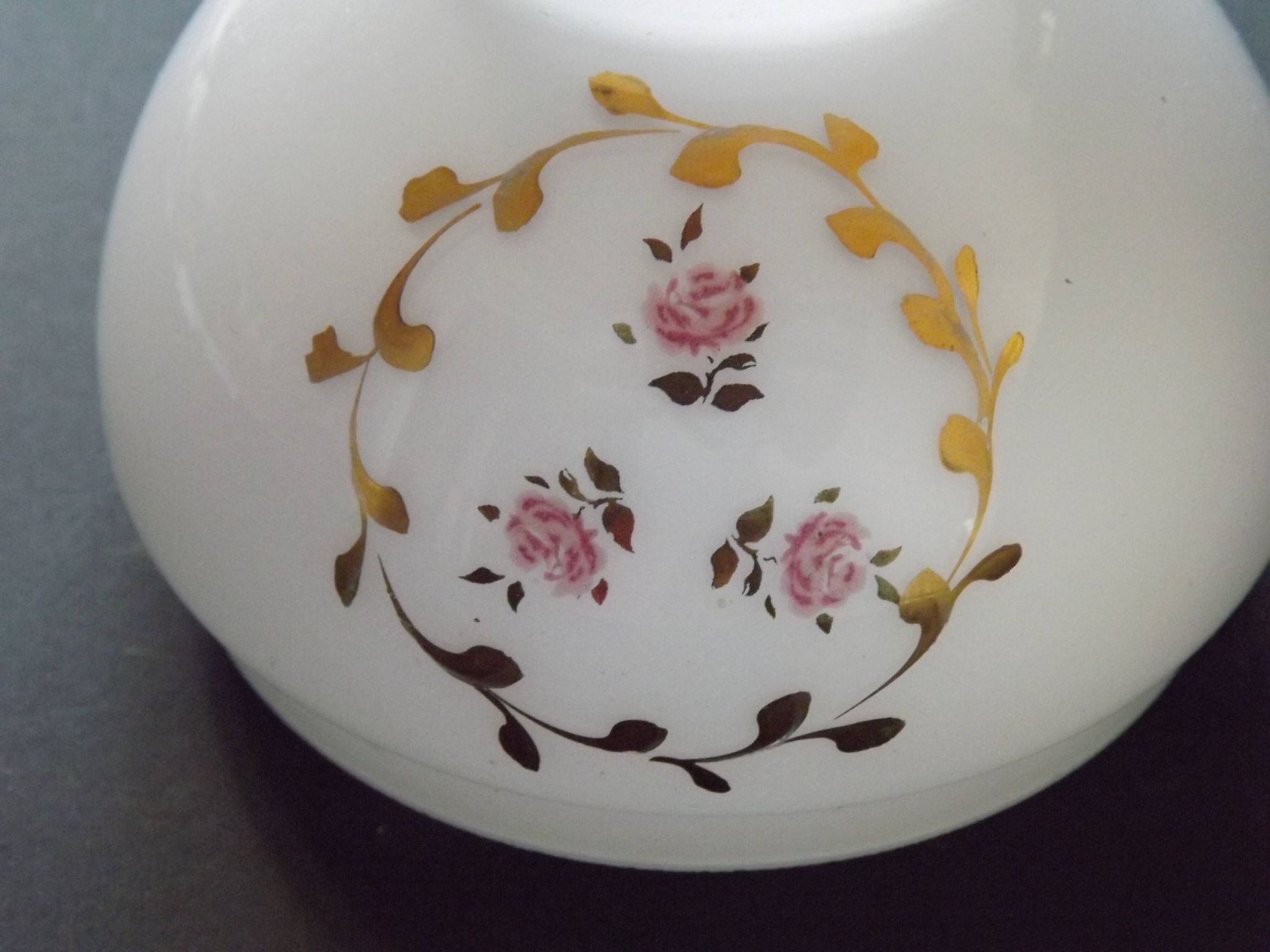 Pair of Vintage White Milk Glass Lamp Shades With Pink Roses & Gold Foliage