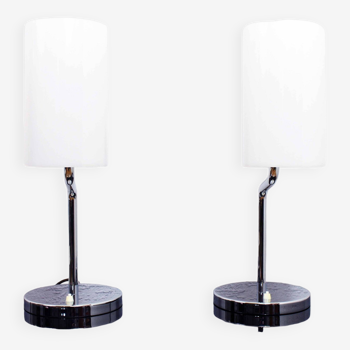 Pair of Italian chrome metal and white acrylic lamps
