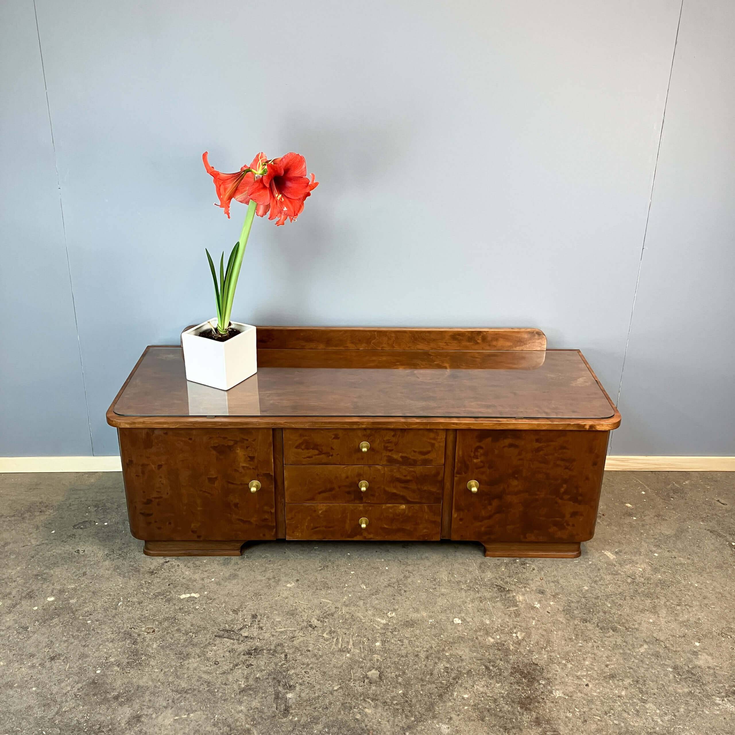 Lowboard, small chest of drawers, flamed birch, 1950s