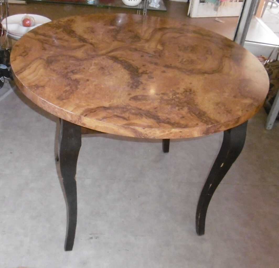 Round table art deco style - elm magnifying glass top and black wooden legs