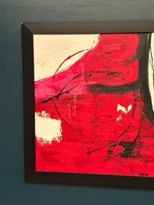 Large Original Swedish Oil on Canvas – “Red Composition” by AMH – Signed – Vintage & Framed