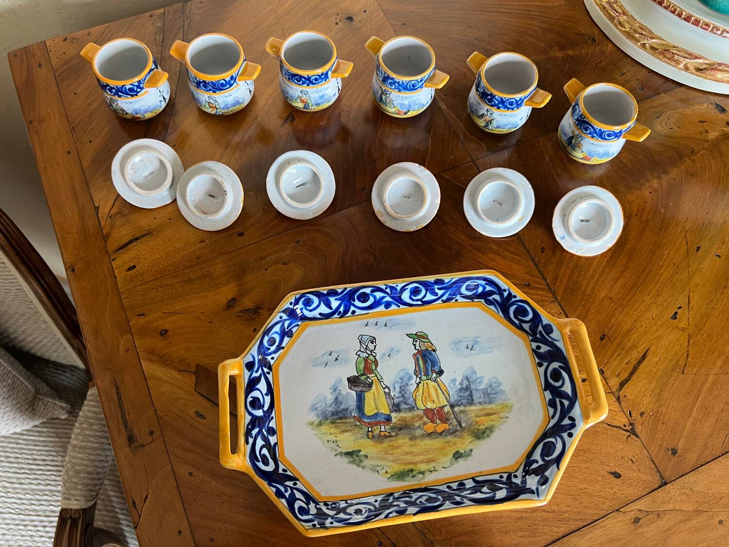 Set of tray and six cream pots HB Quimper
