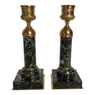 Pair of green marble and brass candlesticks