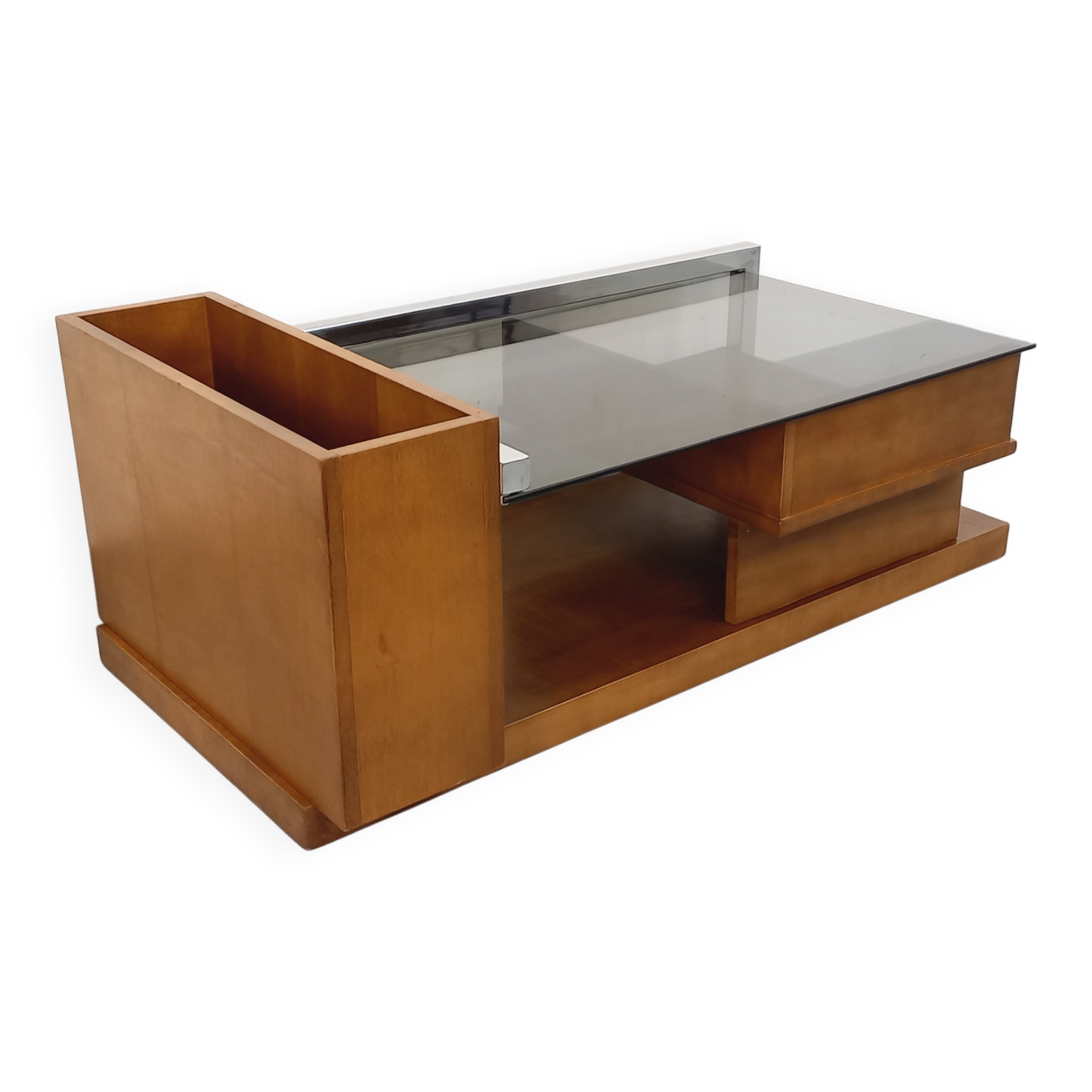 Rectangular vintage modernist coffee table with wooden niches, chrome.