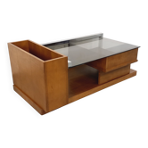 Rectangular vintage modernist coffee table with wooden niches, chrome.