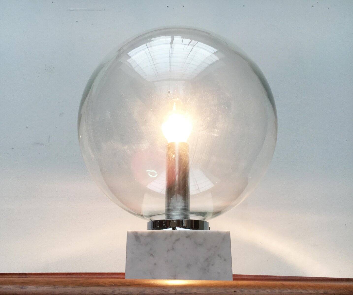 Mid-century glass and marble table lamp 3480 by Erco, 1960s.