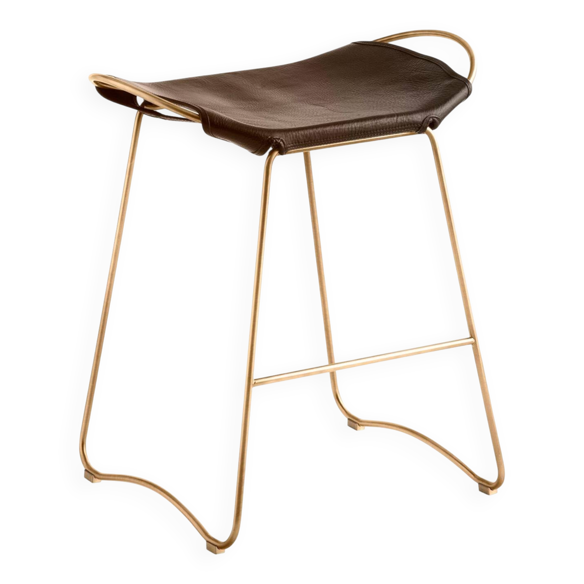 Contemporary kitchen stool in aged brass and dark brown leather.