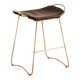 Contemporary kitchen stool in aged brass and dark brown leather.