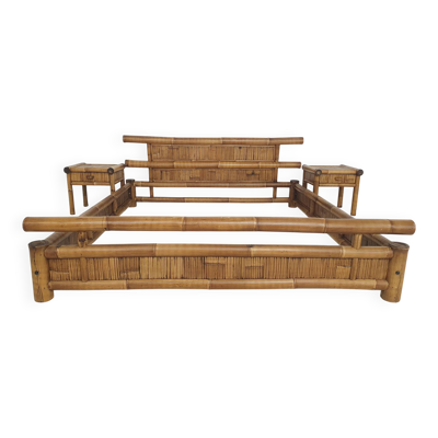 Lit 2 places en bambou et tables de nuit assorties