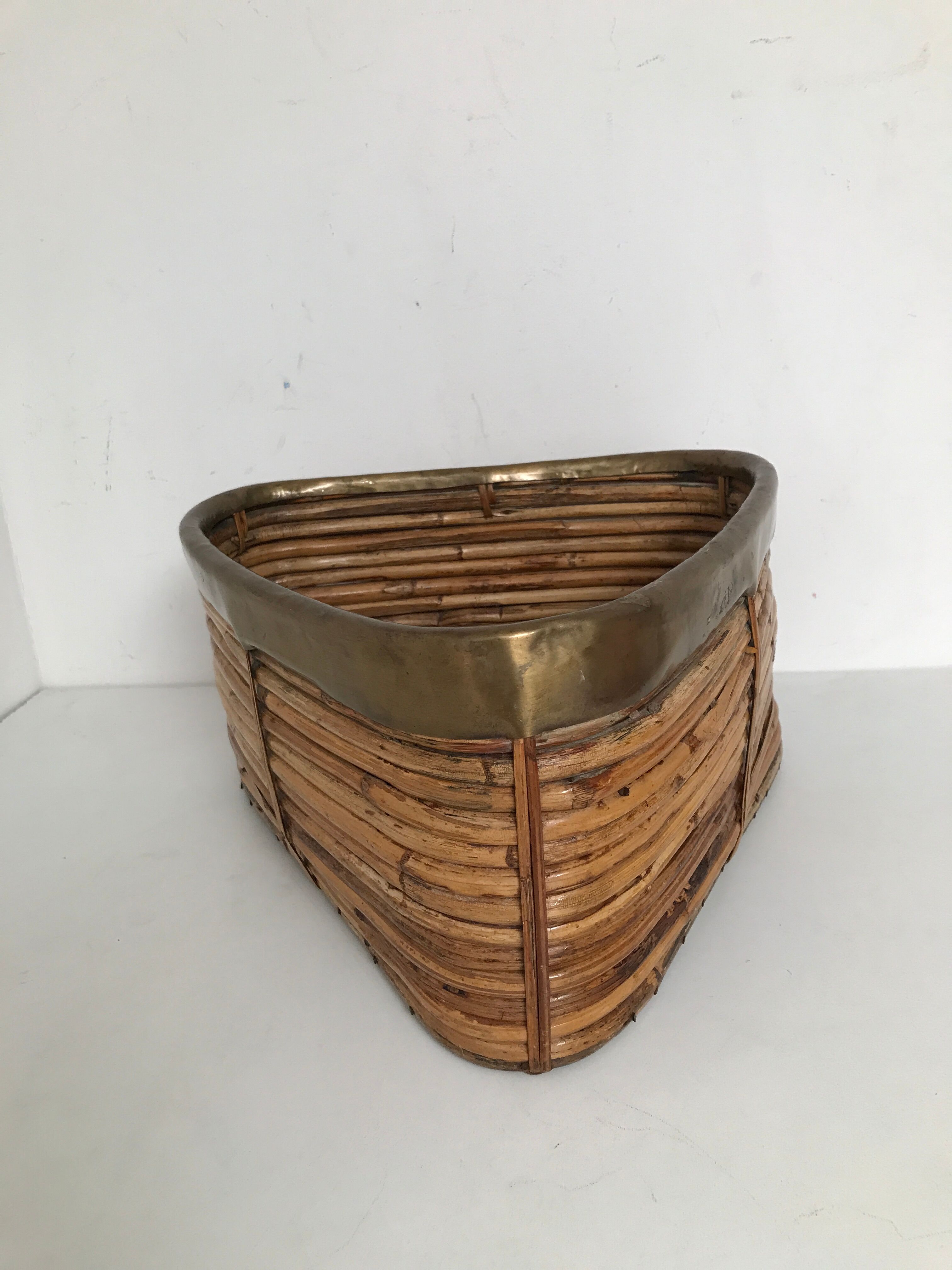 Vintage rattan basket with brass edge 1970