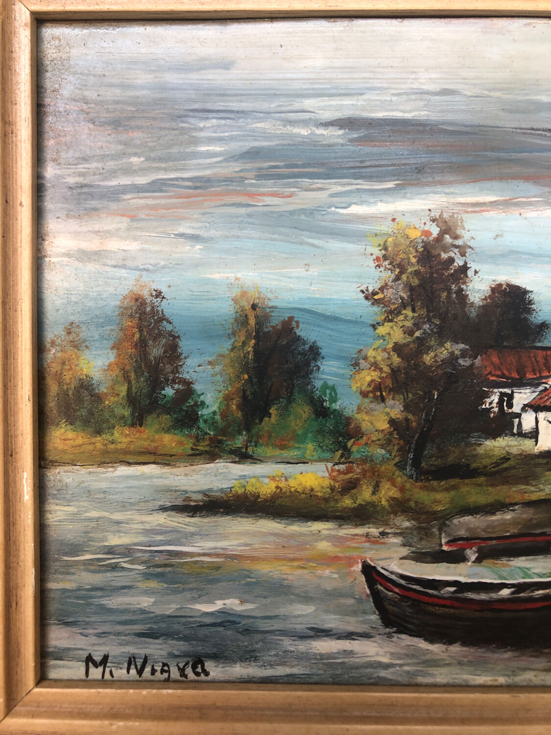 Oil painting on panel M. NIAVEL View house by river + gilded frame #A214
