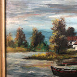 Tableau Huile Sur Panneau M. NIAVEL Vue Maison Bord Rivière + Cadre Doré #A214