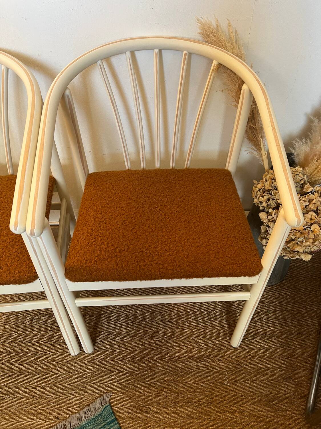 Pair of vintage wood and loop wool armchairs